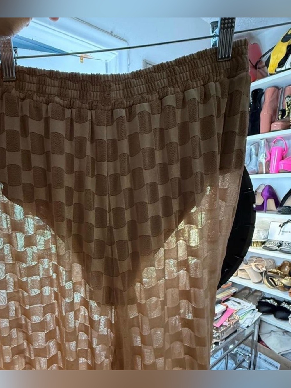 NWT SHEIN Checkerboard Satin Wide-Leg Pants and sexy top- Sheer set. Size M. - Picture 7 of 8